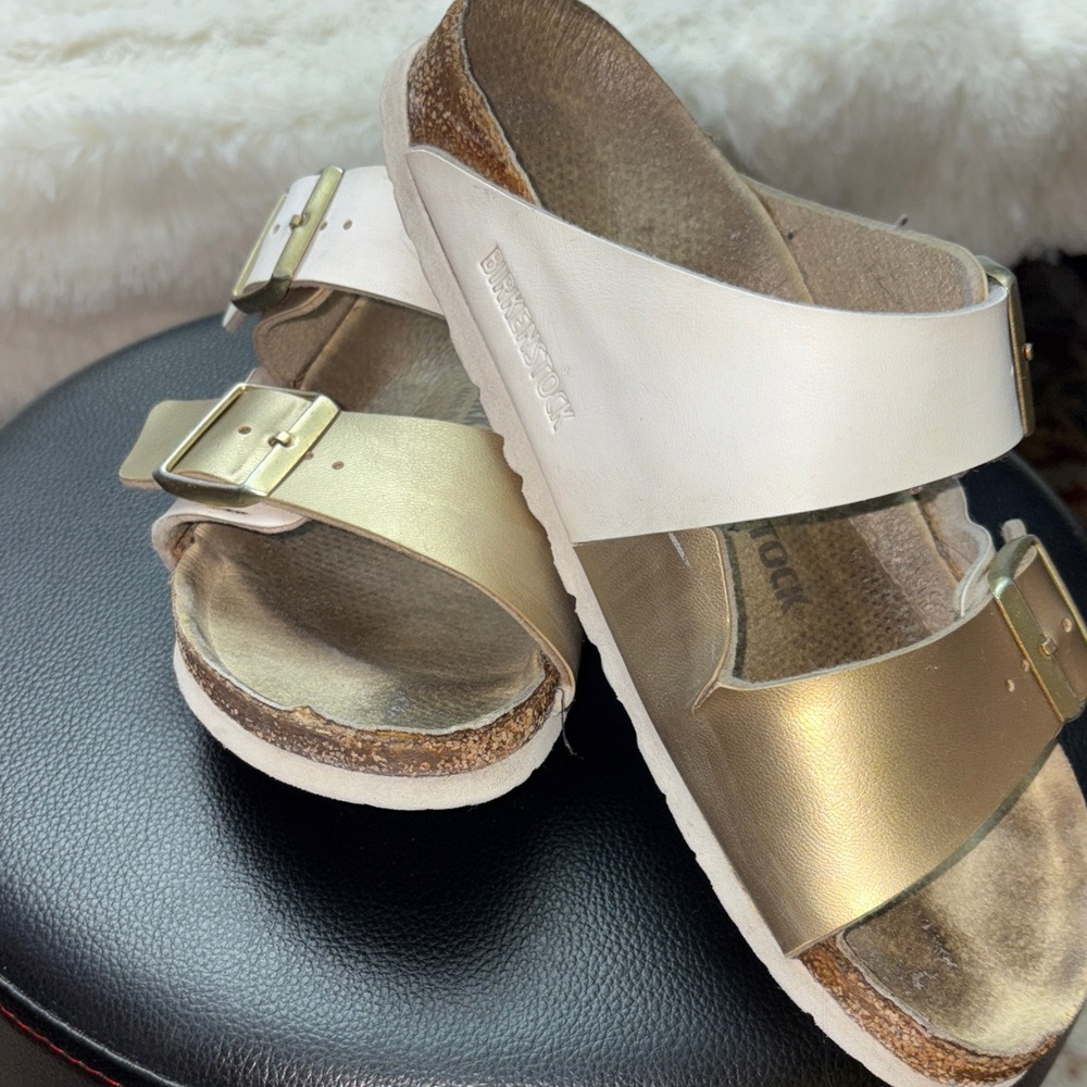 White and Gold Double Strap Sandals - Picture 9 of 10